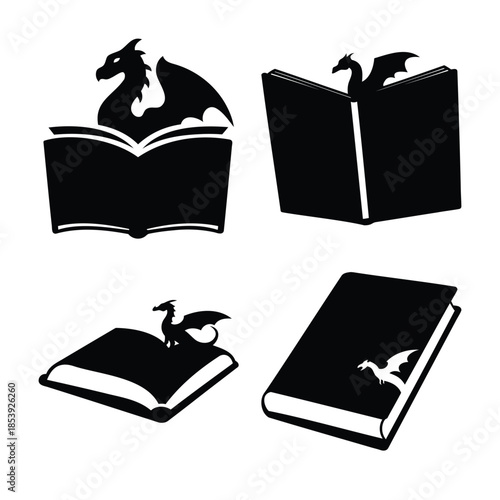 Magic tale dragons and open book silhouette icons collection