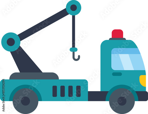 Green tow truck with crane and hook in flat design style, side view, isolated on white background
