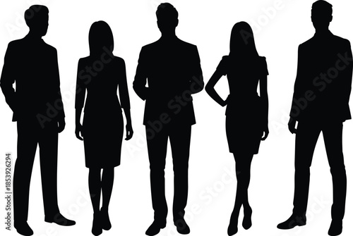 Silhouetted business team standing side by side, corporate attire, professional posture, teamwork concept, diversity, leadership, unity, minimal design
