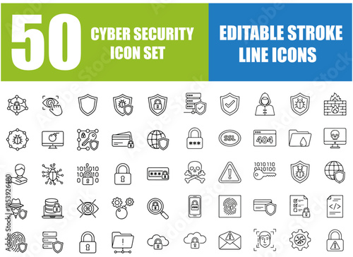 Cyber Security Icon Set, Data Protection and Network Security Line Icons, Editable Stroke Vector Illustration of Padlock, Shield, Password, Hacker, Warning, Antivirus, Privacy, Firewall, Encryption, a