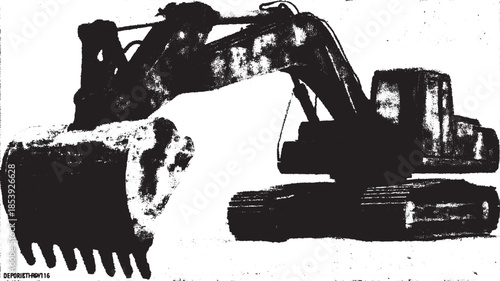 Excavator vehicle in a construction set. Large machinery with a metal bucket for digging, illustrated in vector format.