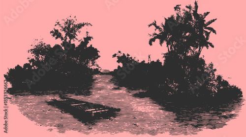 Island silhouette with a boat on water. A pink background enhances the natural landscape in this vector illustration set.