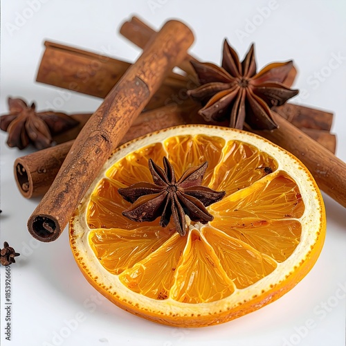 Dried orange slice, cinnamon sticks, and star anise on white background