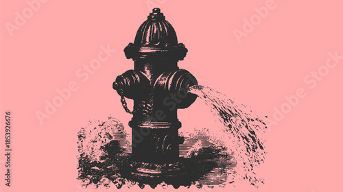 Fire hydrant in vintage style with water splashing. Detailed vector illustration showcasing classic design on a pink background.