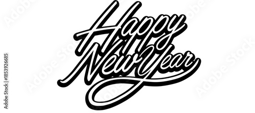 Celebratory Happy New Year illustration with cursive text on white background from a straight-on viewpoint