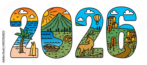 A vibrant illustration of the numbers 2026 with scenic landscapes and cultural icons embedded within the digits