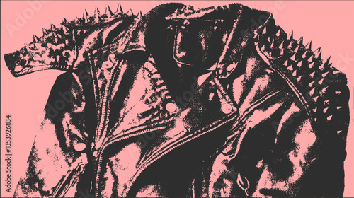 A black leather jacket with spikes, showcasing bold fashion details. Modern design creates an edgy vector illustration.