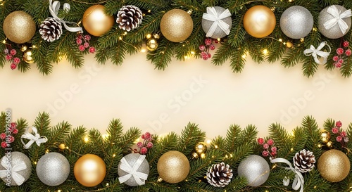 “Elegant Christmas Frame with Tree Decorations and Spruce Twigs, Copy Space for Text”