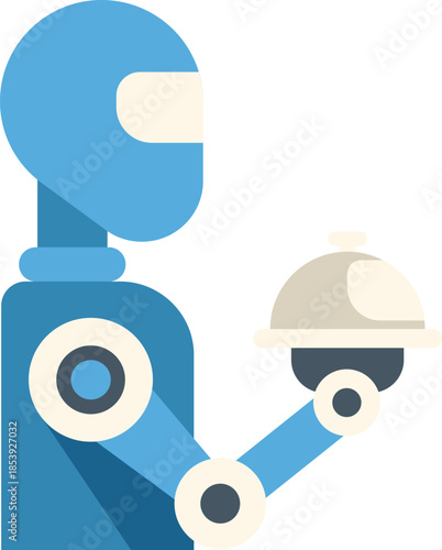 Blue robot waiter is bringing covered dish in restaurant, symbolizing automation in food service industry