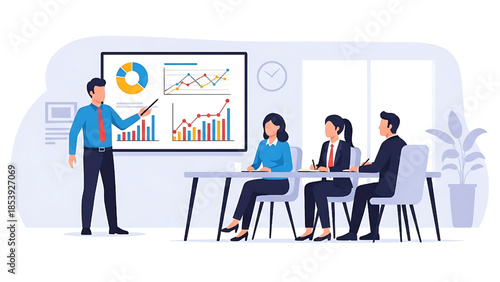 Business Presentation Meeting with Team Analyzing Data Charts and Graphs