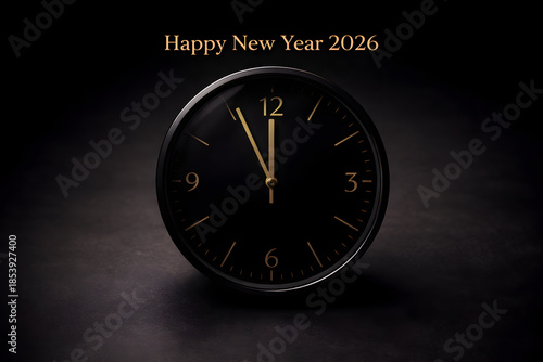 Wallpaper Mural A black clock with gold hands and numbers is centered on a dark background, striking midnight, with the words 'Happy New Year 2026' written in gold above it, creating a festive and elegant atmosphere. Torontodigital.ca