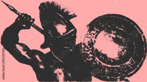 Historical warrior with a spear and shield. Bold graphic illustration showcasing strength in a vintage style vector set.