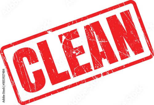A distressed red rubber stamp featuring the prominent word CLEAN on a bright white backdrop