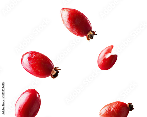 Scattered, vibrant red rose hips float against a dark background