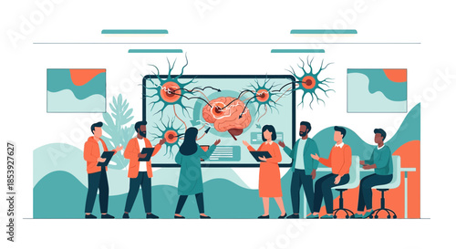 Diverse team collaborating on neurological research examining brain neurons and network