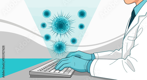 Doctor analyzing virus data on a computer system for research investigation purposes and