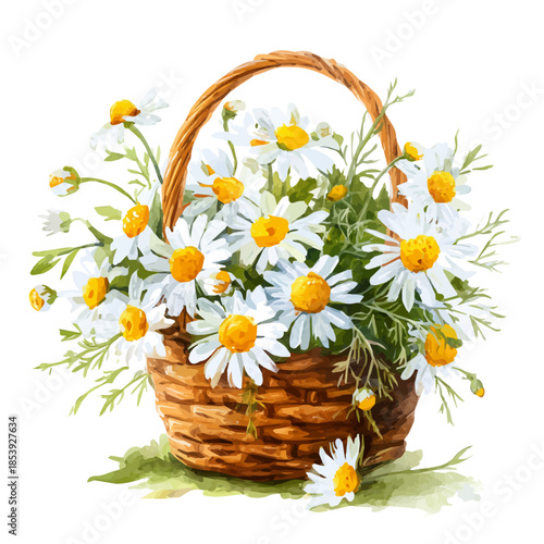 Watercolor vector illustration of Chamomile Basket, isolated on white background.