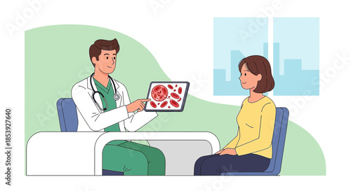 Doctor explaining blood test results to patient using digital tablet in clinic setting