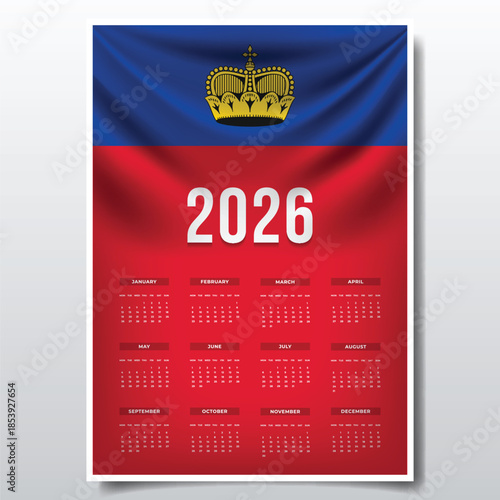 2026 Printable Calendar Design with LIECHTENSTEIN Flag Theme, Patriotic  LIECHTENSTEIN Yearly Planner Template