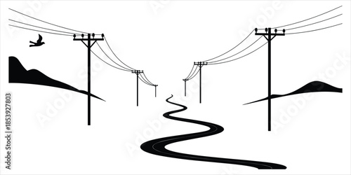 Winding Road and Telephone Poles Under a Bird and Mountains power lines electricity