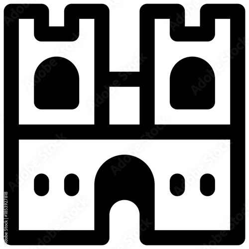 Medieval castle. Outlined stroke vector icon with black-filled details.
