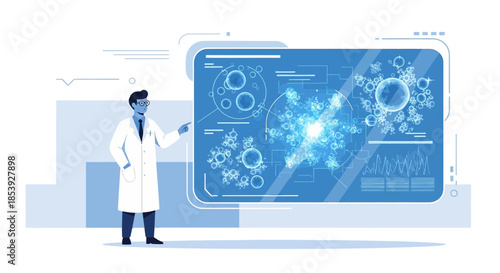 Scientist presenting research data on a digital screen displaying cellular structures and waveforms