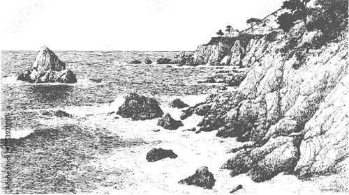 Coastal cliffs and rocks along the shore. Detailed black and white vector illustration showcasing a natural seascape set.
