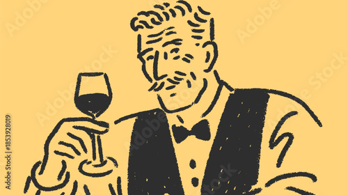 Man holding a wine glass in a vintage style. Classic vector illustration with a yellow background, perfect for showcasing sophistication.