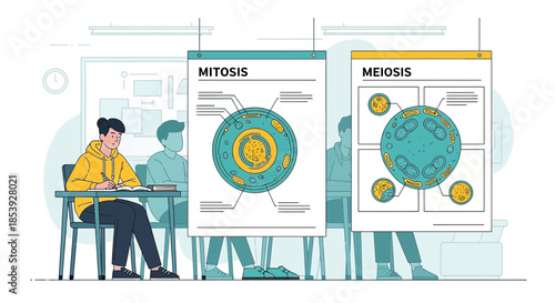 Students immersed in the study of cell division mitosis and meiosis processes in classroom