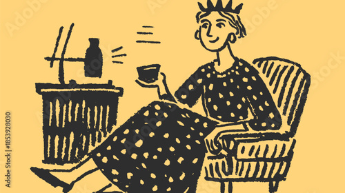 Woman sitting in a dotted dress, holding a coffee cup in a domestic setting. Simple vector illustration depicting leisure and comfort.