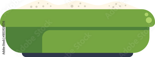 Green plastic litter box filled with absorbent cat litter, side view isolated on white background