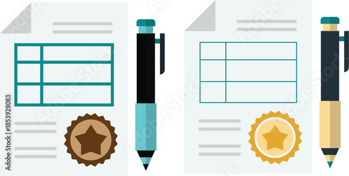Document & Achievement Icons Set – Vector Pen, Report Templates & Gold Star Badges for Business, Education & Professional Certification Design – Modern Flat Style