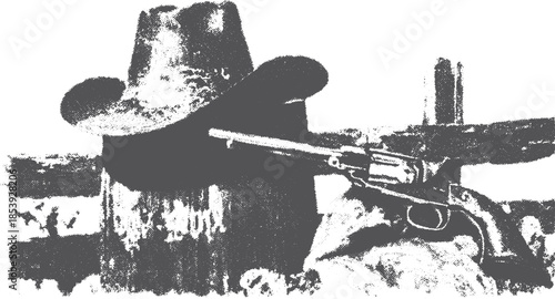 Cowboy hat and revolver vector illustration. Classic black and white art set representing western culture and lifestyle.