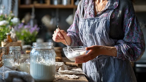 Woman preparing homemade jam in rustic kitchen