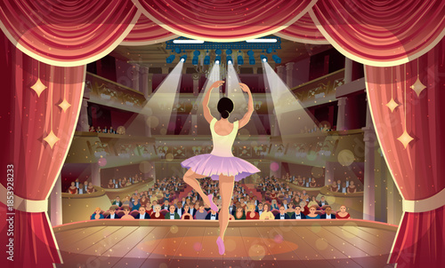 The theater hall with the audience and a ballerina on