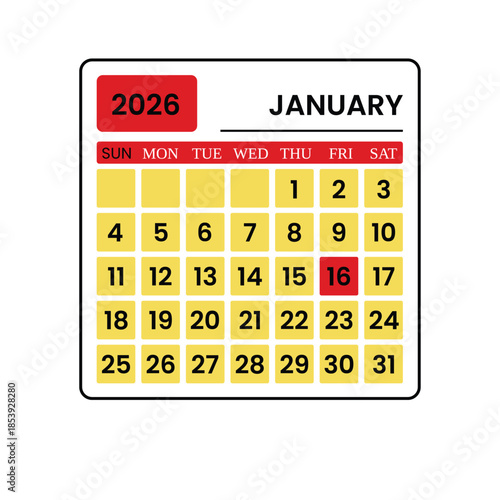 January 2026 Calendar with Highlighted 16th, 2026 calendar planner. Vector collection of English monthly page calendars