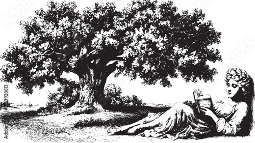 Woman reading a book under a tree in a serene black and white vector illustration. Classic art depicting relaxation in a natural landscape.