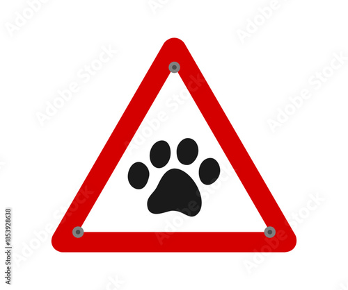 Dog or cat footprint in red warning road sign on white background - vector