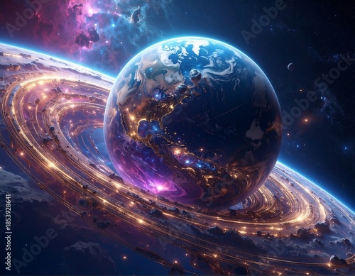 Illuminated planet encircled by rings in a vibrant nebula backdrop