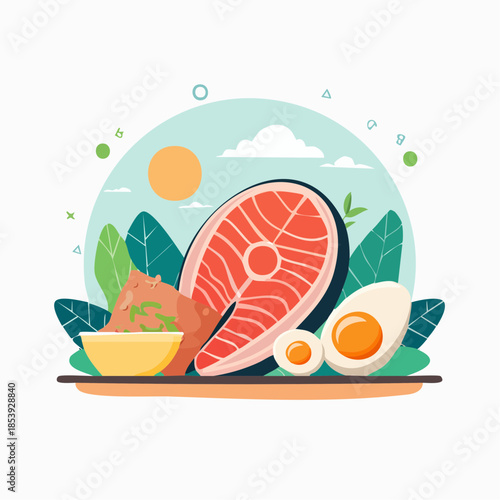 Delicious and Healthy Salmon Steak with Accompaniments and Fresh Vegetables Illustration
