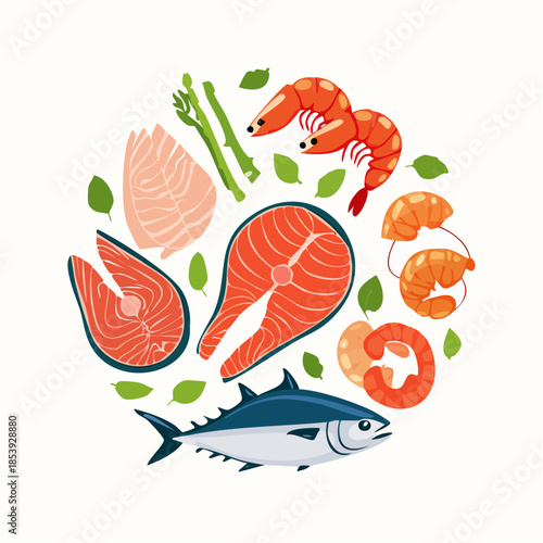 Assorted fresh seafood and fish varieties including salmon shrimp and tuna display an appealing