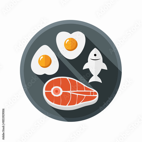 Healthy Breakfast Plate with Eggs Fish and Salmon Fillet on a stylish plate with long shadow effect