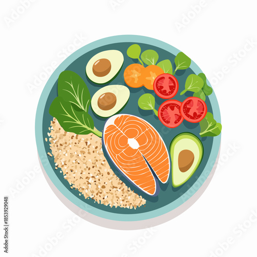 Healthy balanced meal plate featuring salmon, avocado, quinoa, boiled eggs and fresh vegetables