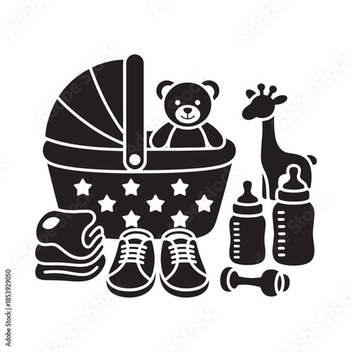 Baby essentials illustration pram teddy bear giraffe bottles and baby clothes