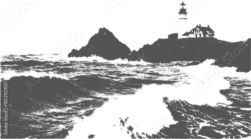 Lighthouse on rocky island by the ocean. Black and white vector illustration depicting the waves and coastal scenery.