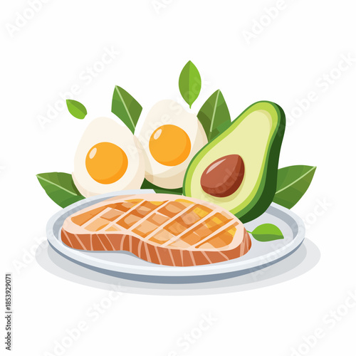 Healthy Breakfast with Eggs Avocado Salmon and Fresh Greens in a Modern Illustration
