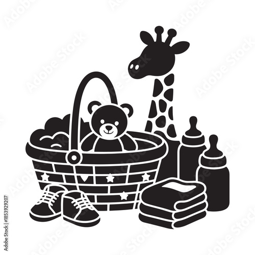 A charming black and white illustration of a baby basket with toys