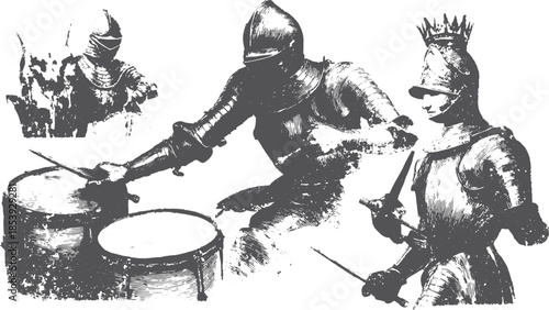 Knight drumming performance in a historical vector illustration. The set features various knights with drums and weapons.