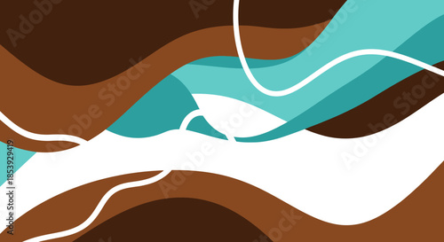 Abstract flowing waves, brown, turquoise, and white background, modern design
