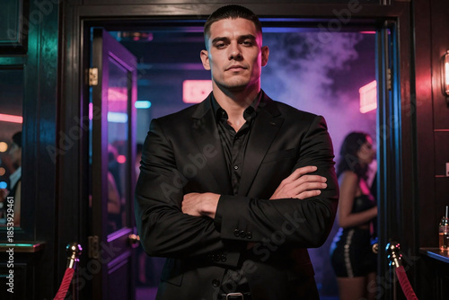 A big tough looking muscular man in suit, arms crossed, working as a bouncer at a crowded popular nightclub bar, stands outside the entrance door, guarding and screening guest before they enter.